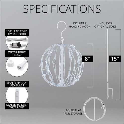 8" Cool White LED Christmas Light Ball, Fold Flat White Frame