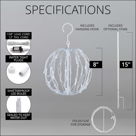 8" Cool White LED Christmas Light Ball, Fold Flat White Frame