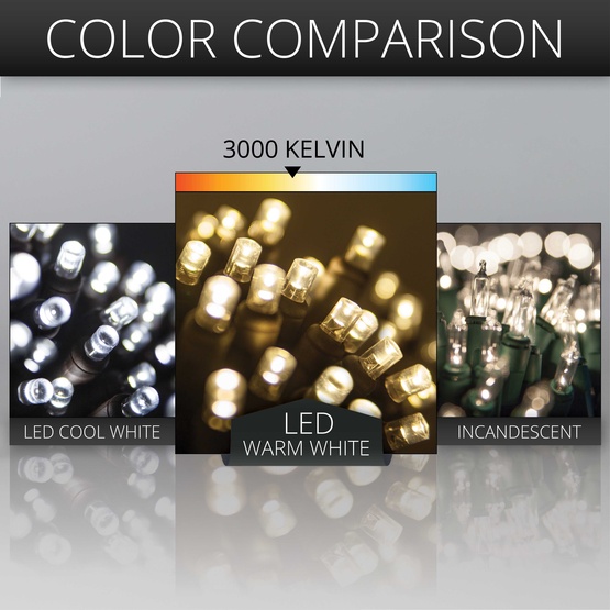 50 5mm Warm White LED Christmas Lights, 6" Spacing, Brown Wire