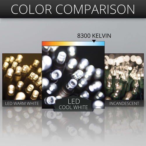 70 5mm Cool White LED Christmas Lights, 4" Spacing, Brown Wire