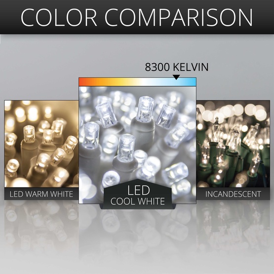 70 5mm Cool White LED Christmas Lights, 4" Spacing, White Wire