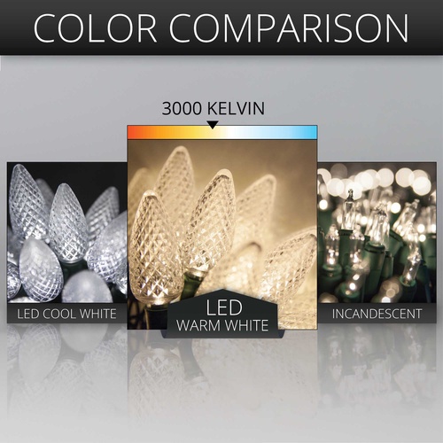25 C9 Warm White LED Christmas Lights, 8" Spacing