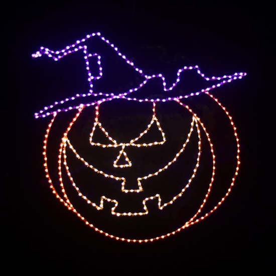 36" Halloween Pumpkin with Witch Hat, Purple, Warm White and Orange LED