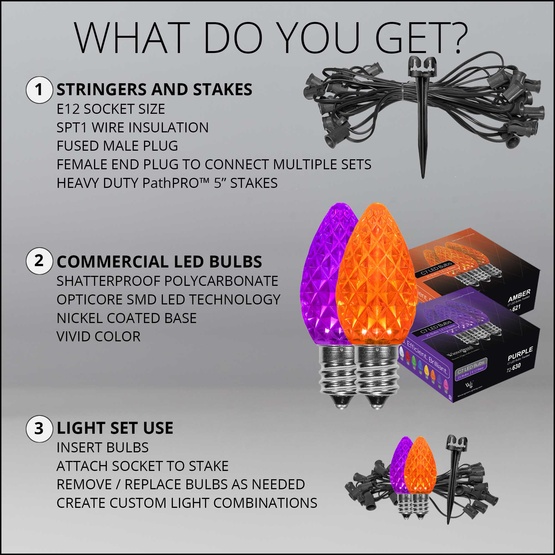 C7 Amber / Purple OptiCore LED Halloween Pathway Lights, 50 Lights, 50', 5 Inch PathPRO Stakes