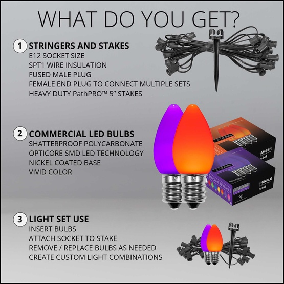 C7 Orange / Purple Smooth OptiCore LED Halloween Pathway Lights, 50 Lights, 50', 5 Inch PathPRO Stakes