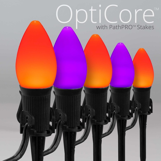 C7 Orange / Purple Smooth OptiCore LED Halloween Pathway Lights, 50 Lights, 50', 5 Inch PathPRO Stakes