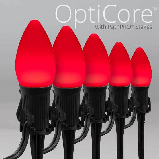 C7 Red Smooth OptiCore LED Halloween Pathway Lights, 25 Lights, 25', 5 Inch PathPRO Stakes