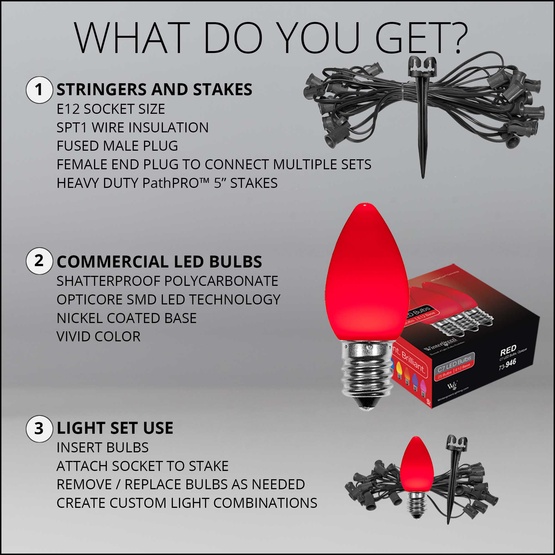 C7 Red Smooth OptiCore LED Halloween Pathway Lights, 25 Lights, 25', 5 Inch PathPRO Stakes