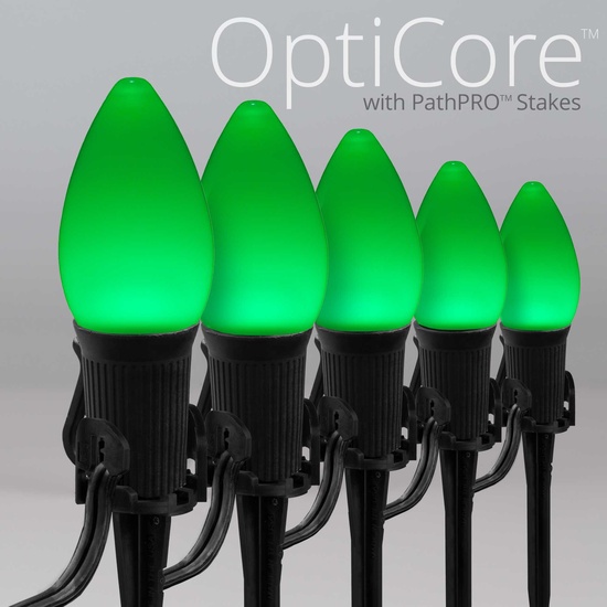 C7 Green Smooth OptiCore LED Halloween Pathway Lights, 25 Lights, 25', 5 Inch PathPRO Stakes