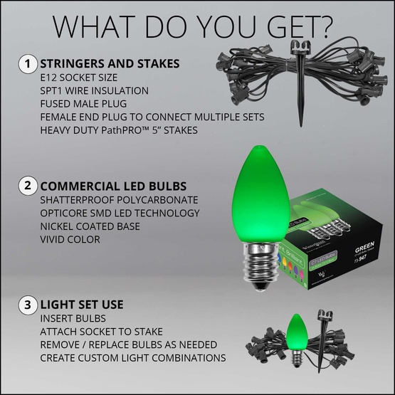 C7 Green Smooth OptiCore LED Halloween Pathway Lights, 25 Lights, 25', 5 Inch PathPRO Stakes
