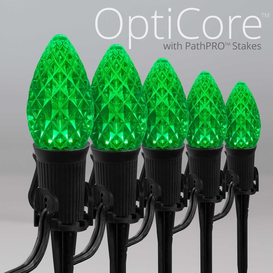 C7 Green OptiCore LED Halloween Pathway Lights, 25 Lights, 25', 5 Inch PathPRO Stakes
