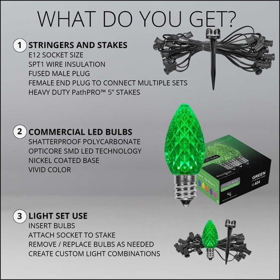 C7 Green OptiCore LED Halloween Pathway Lights, 25 Lights, 25', 5 Inch PathPRO Stakes