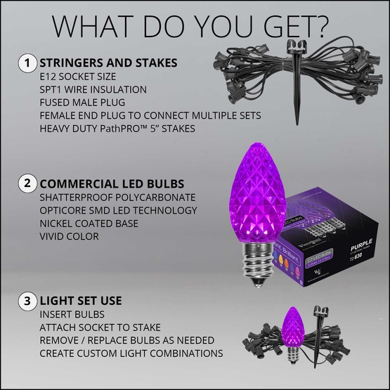 C7 Purple OptiCore LED Halloween Pathway Lights, 25 Lights, 25', 5 Inch PathPRO Stakes