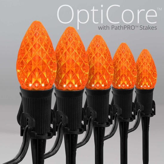 C7 Amber OptiCore LED Halloween Pathway Lights, 25 Lights, 25', 5 Inch PathPRO Stakes