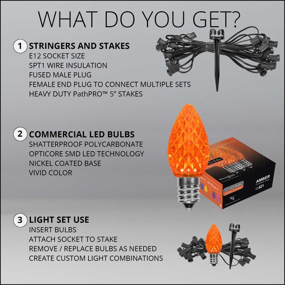 C7 Amber OptiCore LED Halloween Pathway Lights, 25 Lights, 25', 5 Inch PathPRO Stakes