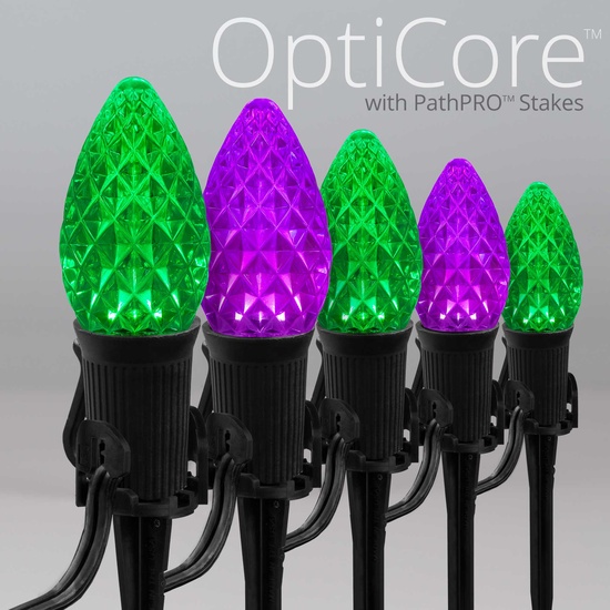 C7 Green / Purple OptiCore LED Halloween Pathway Lights, 50 Lights, 50', 5 Inch PathPRO Stakes