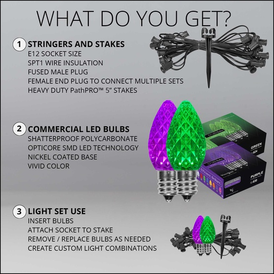 C7 Green / Purple OptiCore LED Halloween Pathway Lights, 50 Lights, 50', 5 Inch PathPRO Stakes