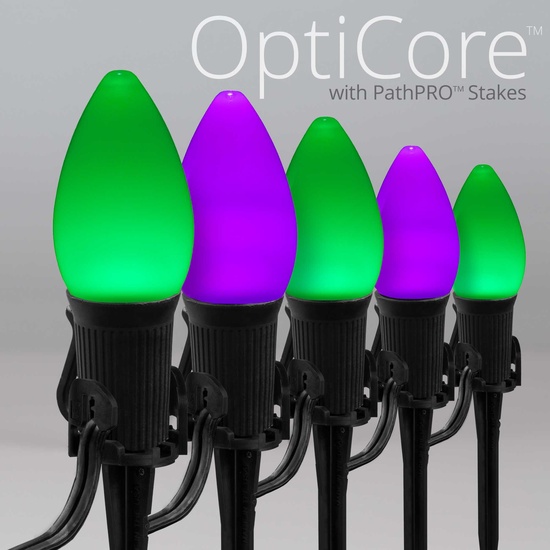 C7 Green / Purple Smooth OptiCore LED Halloween Pathway Lights, 50 Lights, 50', 5 Inch PathPRO Stakes