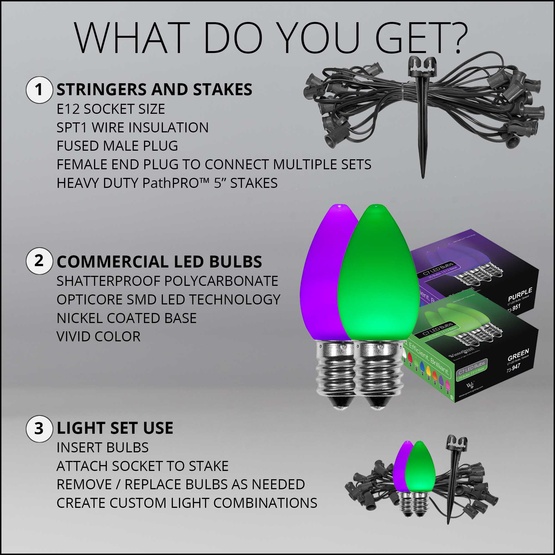 C7 Green / Purple Smooth OptiCore LED Halloween Pathway Lights, 50 Lights, 50', 5 Inch PathPRO Stakes