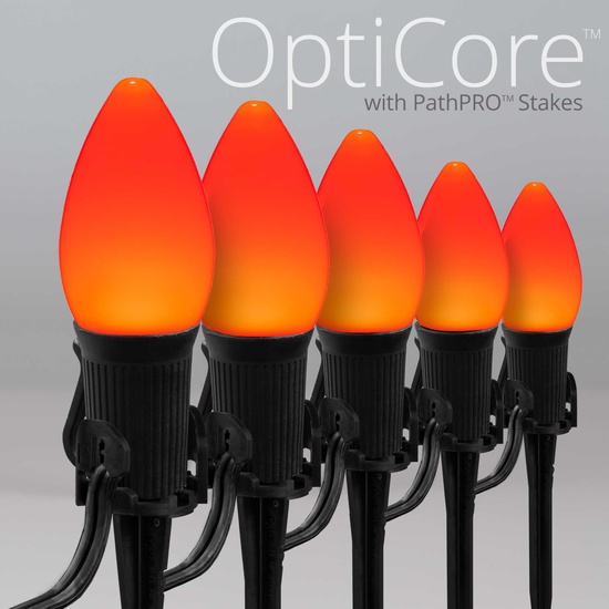 C7 Amber Smooth OptiCore LED Halloween Pathway Lights, 25 Lights, 25', 5 Inch PathPRO Stakes