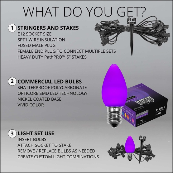 C7 Purple Smooth OptiCore LED Halloween Pathway Lights, 25 Lights, 25', 5 Inch PathPRO Stakes