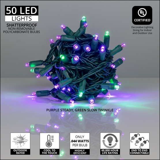 50 5mm Purple, Green LED Halloween Lights, 6" Spacing