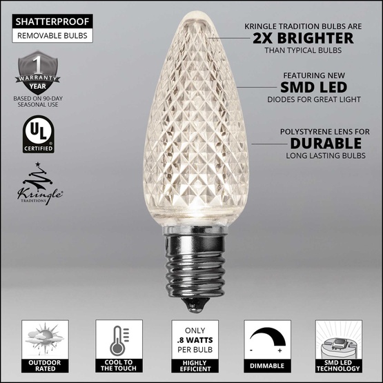 Kringle Traditions TM C9 120V Dimmable Pure White LED Christmas Light Bulbs