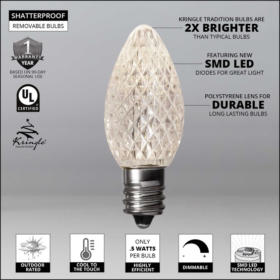 Kringle Traditions TM C7 120V Dimmable Pure White LED Christmas Light Bulbs