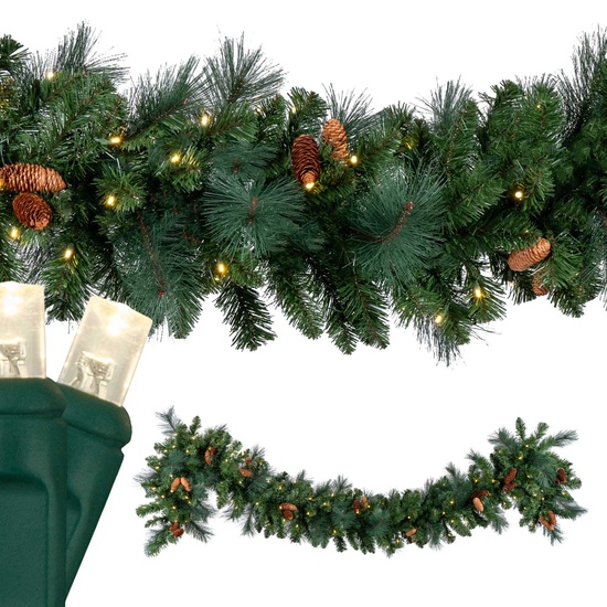 9' x 14" Mixed Noble Prelit Commercial LED Christmas Garland, 100 Warm White Lights