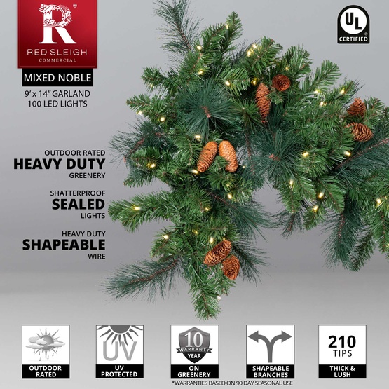 9' x 14" Mixed Noble Prelit Commercial LED Christmas Garland, 100 Warm White Lights