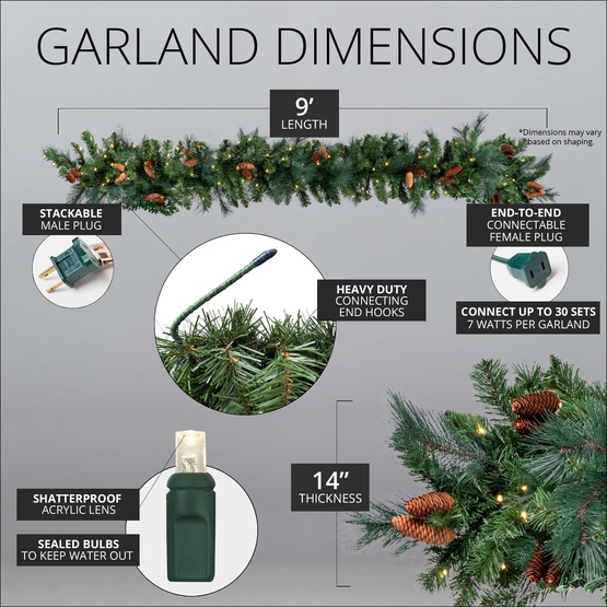 9' x 14" Mixed Noble Prelit Commercial LED Christmas Garland, 100 Warm White Lights