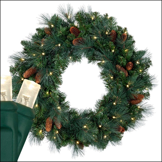 30" Pre-lit Commercial Mixed Noble LED Christmas Wreath, 50 Warm White Lights