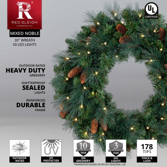 30" Pre-lit Commercial Mixed Noble LED Christmas Wreath, 50 Warm White Lights