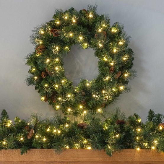 30" Pre-lit Commercial Mixed Noble LED Christmas Wreath, 50 Warm White Lights