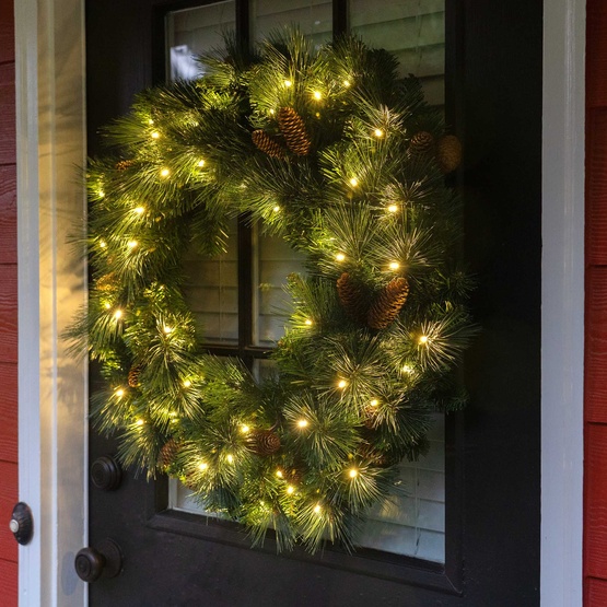 30" Pre-lit Commercial Mixed Noble LED Christmas Wreath, 50 Warm White Lights