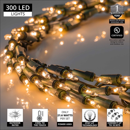 9' Garland Lights, 300 Warm White LED Lights, Green Wire