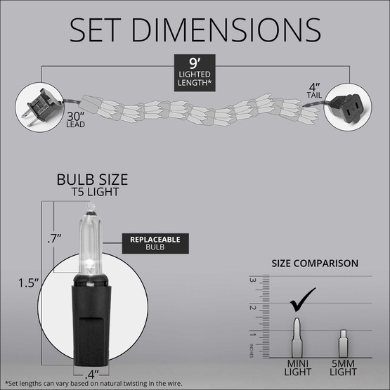 9' Garland Lights, 300 Warm White LED Lights, Green Wire