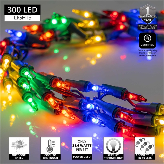 9' Garland Lights, 300 Multicolor LED Lights, Green Wire