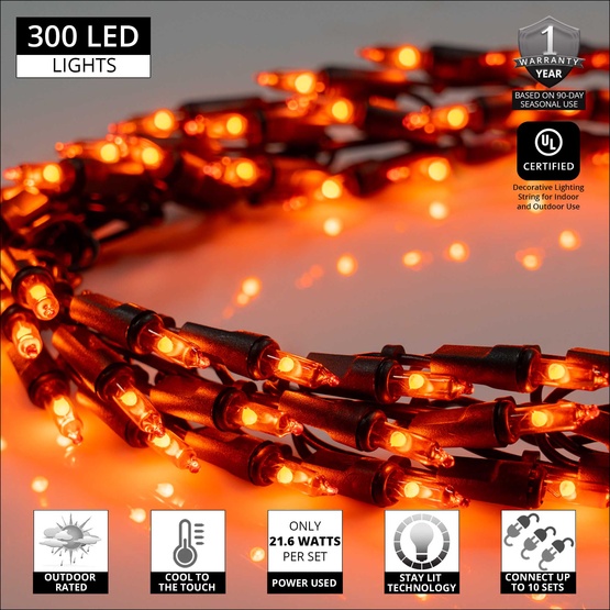 Garland Lights, 300 Orange LED Halloween Lights, Black Wire