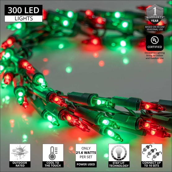9' Garland Lights, 300 Red/Green LED Lights, Green Wire