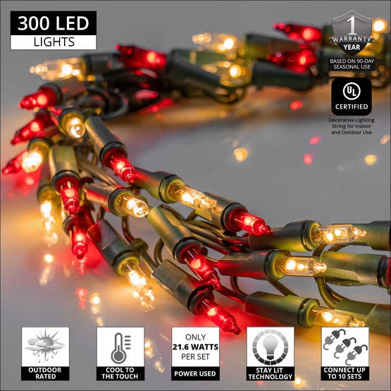 9' Garland Lights, 300 Red/Warm White LED Lights, Green Wire