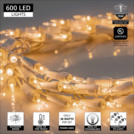 18' Garland Lights, 600 Warm White LED Lights, White Wire