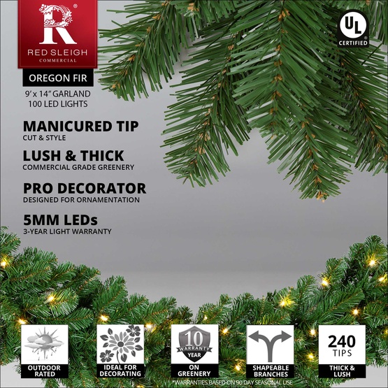 9' x 14" Oregon Fir Prelit Commercial LED Christmas Garland, 100 Warm White Lights