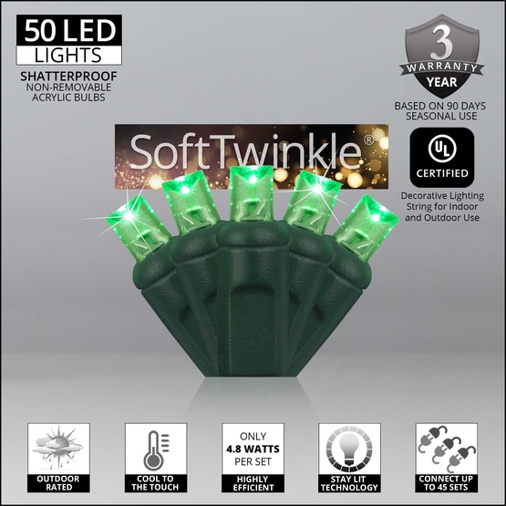 50 5mm Green SoftTwinkle LED Christmas Lights, 4" Spacing