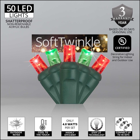 50 5mm Red, Green SoftTwinkle LED Christmas Lights, 4" Spacing