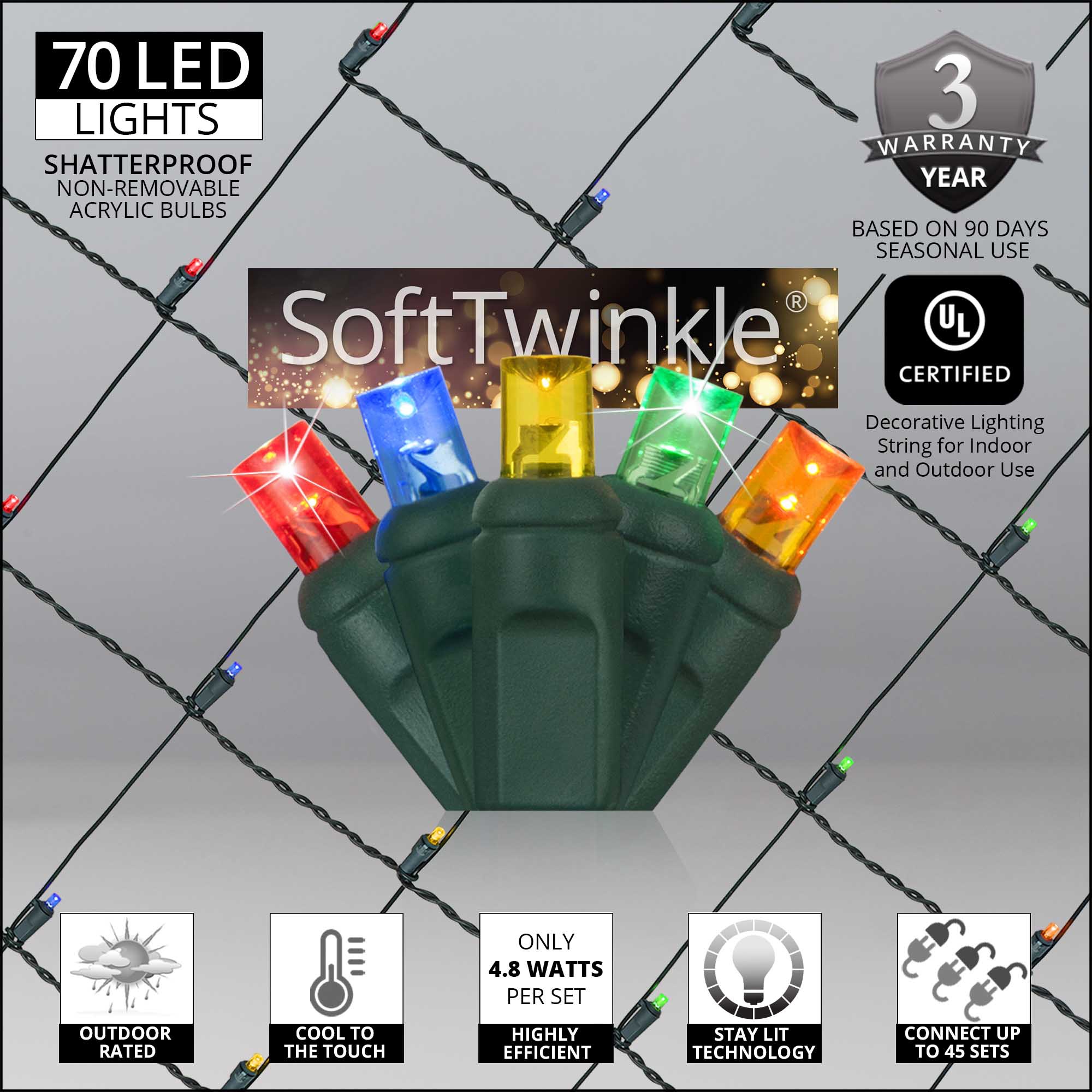 LED Net Lights - 5mm 4' x 6' Multicolor SoftTwinkle LED Net Lights