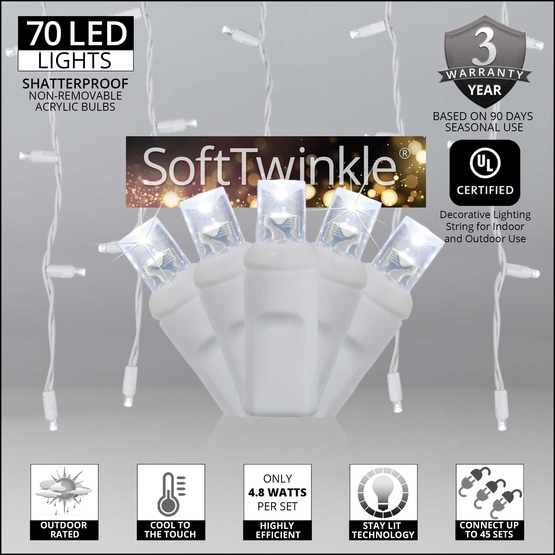 70 5mm Cool White SoftTwinkle LED Icicle Lights