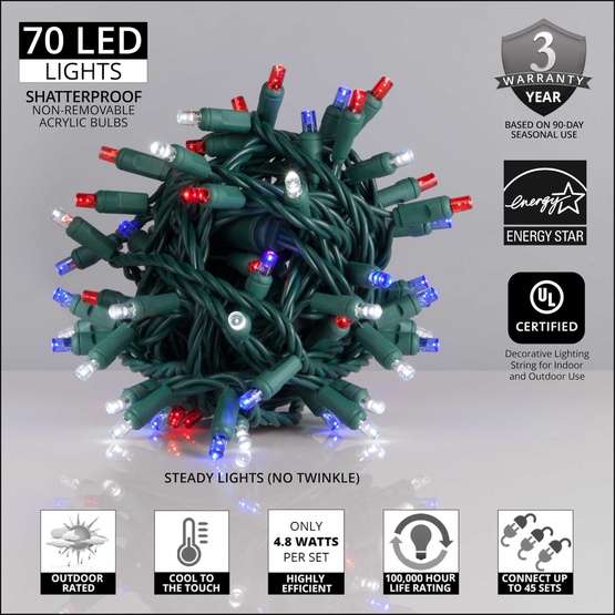 70 5mm LED Patriotic Red, White and Blue Lights, 4" Spacing