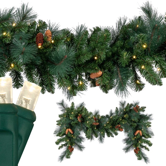 9' x 14" Mixed Noble Prelit Commercial LED Christmas Garland, 100 Warm White Lights