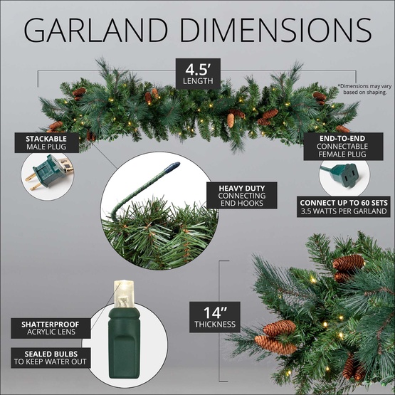 9' x 14" Mixed Noble Prelit Commercial LED Christmas Garland, 100 Warm White Lights